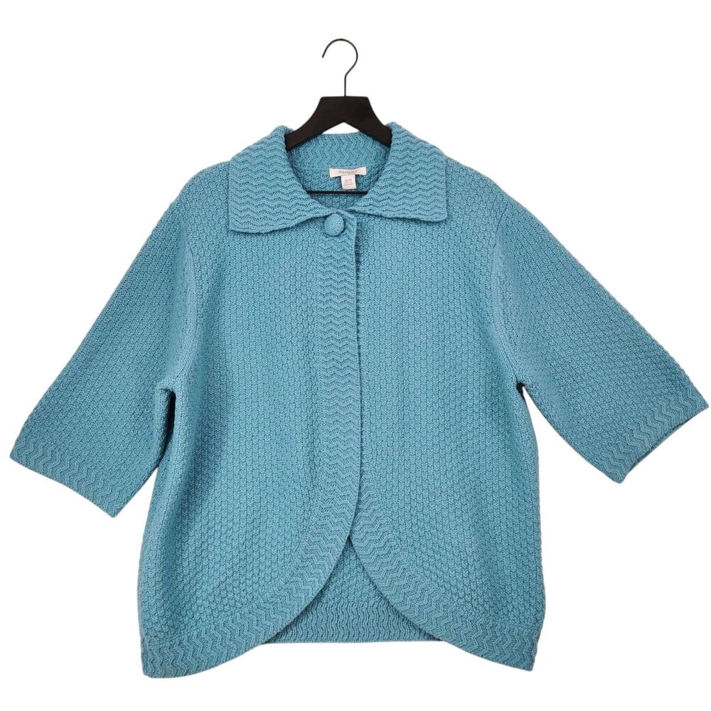 Dress Barn Woman Knit One Button Shrug Sweater Size 18/20 3/4 Sleeve Spring Blue